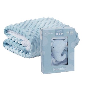 Kit Manta Pipoquinha Sherpa Infantil + Naninha Elefante Baby Loani Azul Unissex Bebê (+3Mesês)