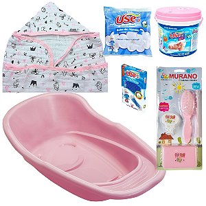 Kit Higiene Chá Bebê Presente Banheira 20l Toalha com Capuz Banho Algodão Cotonete