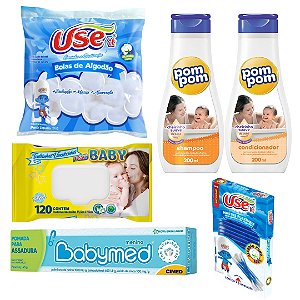 Kit Higiene Chá Bebê Presente Toalha Umedecida Algodão Cotonete Shampoo Condicionador Pomada