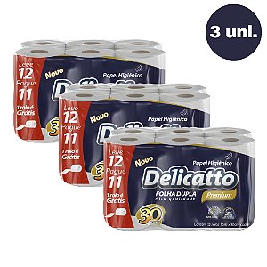 Kit 3 Papel Higiênico Delicatto Folha Dupla Premium 12 rolos 30m Revenda