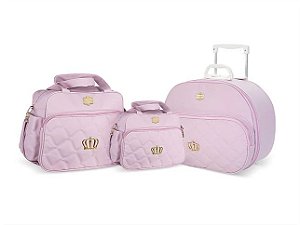 Kit Mala E Bolsa Maternidade 3 peças Griff Baby Rosa Com Rodinhas