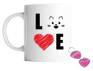 Combo Pingente Coração e Caneca Branca Cat Love