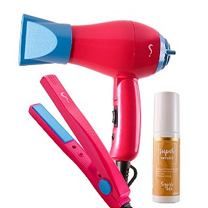 Kit Mini Secador de Cabelo Aninha Bivolt + Mini Chapinha Paulinha Bivolt + Spray Protetor Térmico