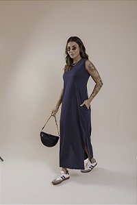 Vestido longo cavado com bolso - Preto