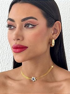 CHOKER MANTA COM FLOR DE ZIRCONIA AZUL- FOLHEADO A OURO 18K
