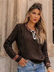 Blusa de tricot feminina detalhe jacquard marrom