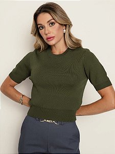 Blusa de tricot manga curta tecido encorpado verde