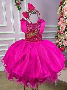 Vestido Infantil Princesa Barbie Com Laço e Glitter