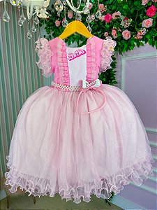 Vestido Princesa Belli Tematico Barbie Pink Babado - Roupa Infantil