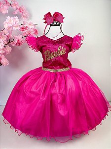 Vestido Princesa Belli Tematico Barbie Pink Babado - Roupa Infantil