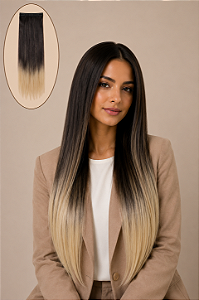 Aplique de tic tac liso- Preto com luzes e ombrê loiro platinado - 60cm