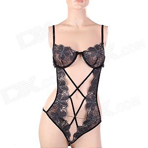 Das Zhengli ZL3572 Mulheres requintado bordado Perspectiva Sexy Lingerie - preto + cinza