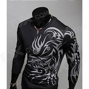 Blusa Masculina Justa de Manga Comprida com Estampa Tipo Tatuagem Tribal - Preto (Tamanho-XL)
