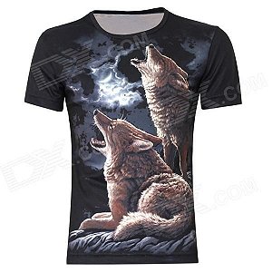 Camiseta Masculina Motivo Lobos Duplos Luz da Lua em 3D Estilo Britânico – Preto (XXL)