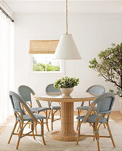 Conjunto de mesa de jantar em rattan natural com 4 Cadeiras Francesa V em Apui e junco sintético azul claro