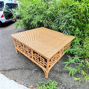 Mesa de centro China em bambu e junco natural 100x100x45 cm