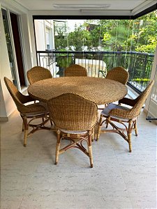 Conjunto Mesa de jantar de junco natural com 6 cadeiras