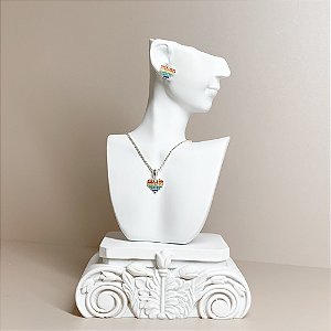 Conjunto Coração Cravejado Colorido em Prata 925