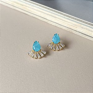 Brinco Leque com Zircônia Fusion Folheado a Ouro - Azul