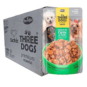 Ração Úmida Three Dogs Premium Especial Sachê Cães Adultos Raças Pequenas Sabor Carne ao Molho Caixa 12un 100g Cada - Hercosul