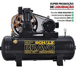 Compressor Schulz Bravo CSL 40/250 - 40pcm 10HP 250L 175psi - Trifasico 220/380V - Motor Blindado (IP55 - 922.9234-0)