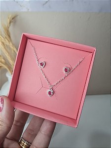 Conjunto coração fúcsia prata