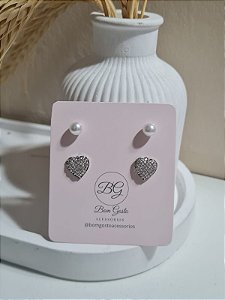 Cartela duo Brinco de coração e Pérola Prateado