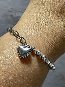 Pulseira corrente e bolinha com pingente de coração prateado Aço Inox