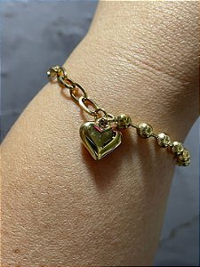Pulseira corrente e bolinhas com pingente de coração dourados Aço Inox