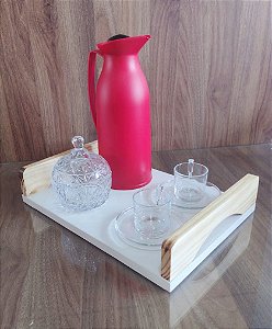 BANDEJA MDF BRANCO COM ALÇA EM PINUS 35X25X7,5CM