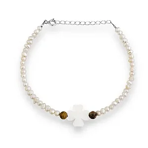 PULSEIRA EM PRATA925 COM PÉROLA E TREVO DE QUATRO FOLHAS