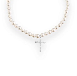 Pulseira em Prata925 de Pérola com Pingente de Cruz Cravejado em Zircônia