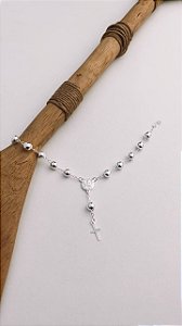 PULSEIRA EM PRATA925 BRANCA ESTILO TERÇO COM PINGENTES DE CRUZ E MEDALHA