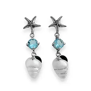 BRINCO EM PRATA925 - ESTRELA DO MAR, ZIRCÔNIA ÁGUA MARINHA E CONCHA