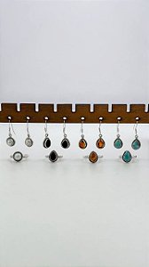 Conjunto em Prata925 de Pedra Natural com Brinco de Gancho e Anel