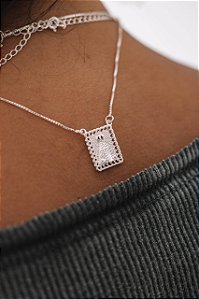 Escapulário em Prata925 de Nossa Senhora Aparecida e Coração de Jesus com Bordas Trabalhadas