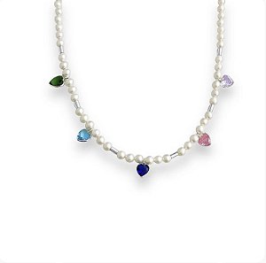 Gargantilha em Prata925 de Pérolas Shell com Zircônias Coloridas