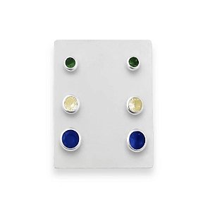 Brinco em Prata925 - Trio de Brincos com Zircônias Redondas Coloridas