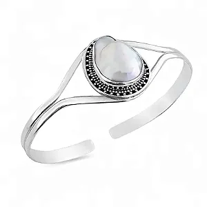 BRACELETE EM PRATA925 - LISO DE PEDRA NATURAL OVAL COM DETALHE VAZADO