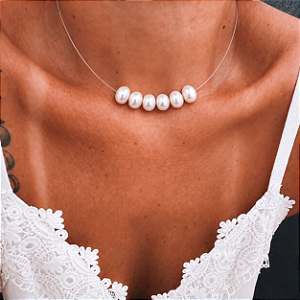 Gargantilha Fio de Nylon com Pérolas Rondel em Prata 925