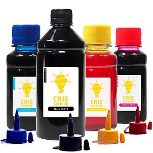 Kit 4 Tintas para Epson L455 Premium Crie Sempre Black 500ml Coloridas 100ml Corante