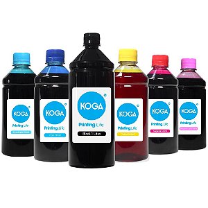 Kit 6 Tintas para Epson T673 Black 1L Coloridas 500ml Corante Koga