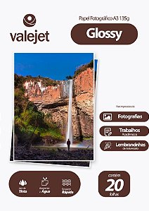 Papel Fotográfico Glossy A3 135g Valejet 20 Folhas