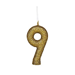 Vela de Aniversário Cintilante Glitter Número 9 Dourada