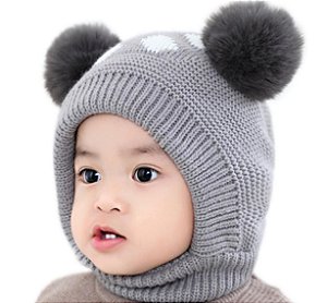 Gorro cinza de tricô infantil - pompom duplo - forro peluciado