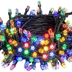 Cordão 100 Led 8 Funções Colorido Fio Verde Natal 10m 110v