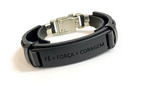 PULSEIRA COURO PRETA FE FORÇA CORAGEM -  FOSCA