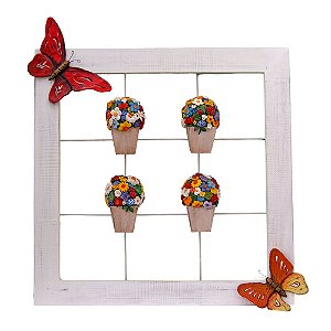 Quadro Vasos de Flores Coloridas e Borboletas 60 x 60cm (S)