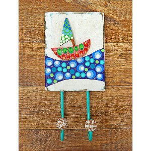 Cabideiro com Gancho em Madeira Barco Pintura Colorida (S)