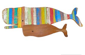 Quadro Baleia com Folhote em Madeira Rustico Sala, Praia, Área Externa e Piscina 1,30m (L) (c)